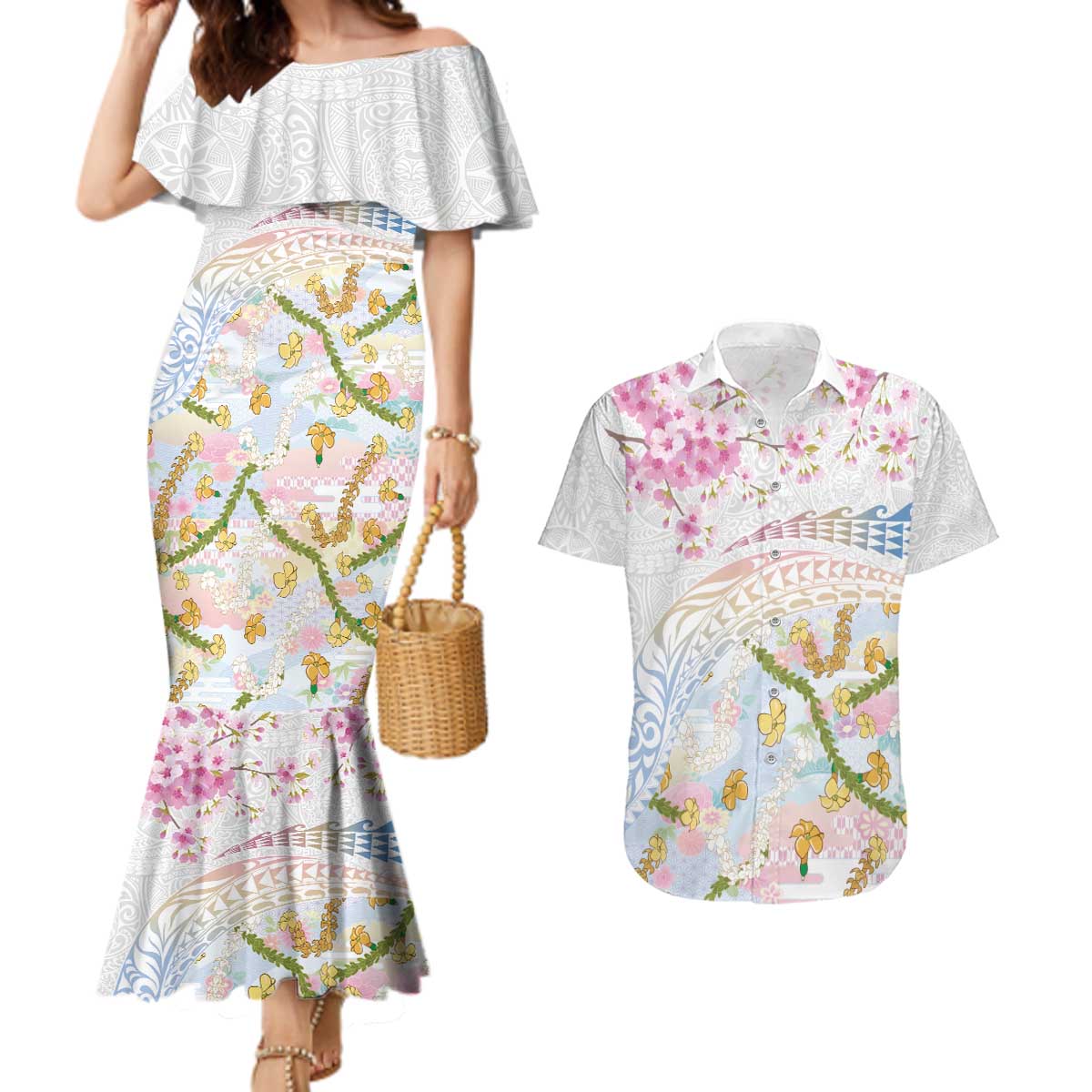 Hawaiian and Japanese Culture Together Couples Matching Mermaid Dress and Hawaiian Shirt Tribal Motifs with Lei and Japanese Sakura Pattern LT03 White - Polynesian Pride