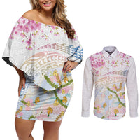 Hawaiian and Japanese Culture Together Couples Matching Off Shoulder Short Dress and Long Sleeve Button Shirt Tribal Motifs with Lei and Japanese Sakura Pattern LT03 White - Polynesian Pride
