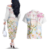 Hawaiian and Japanese Culture Together Couples Matching Off The Shoulder Long Sleeve Dress and Hawaiian Shirt Tribal Motifs with Lei and Japanese Sakura Pattern LT03 - Polynesian Pride