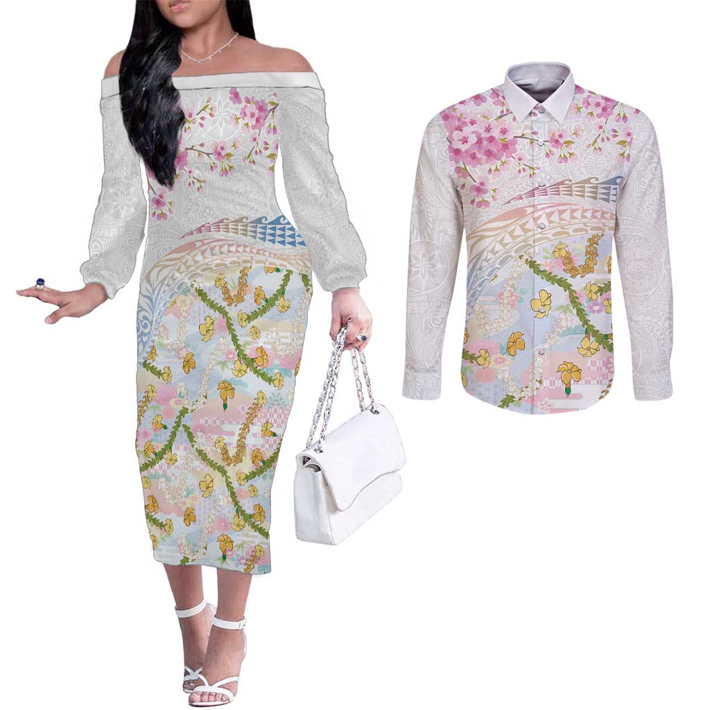 Hawaiian and Japanese Culture Together Couples Matching Off The Shoulder Long Sleeve Dress and Long Sleeve Button Shirt Tribal Motifs with Lei and Japanese Sakura Pattern