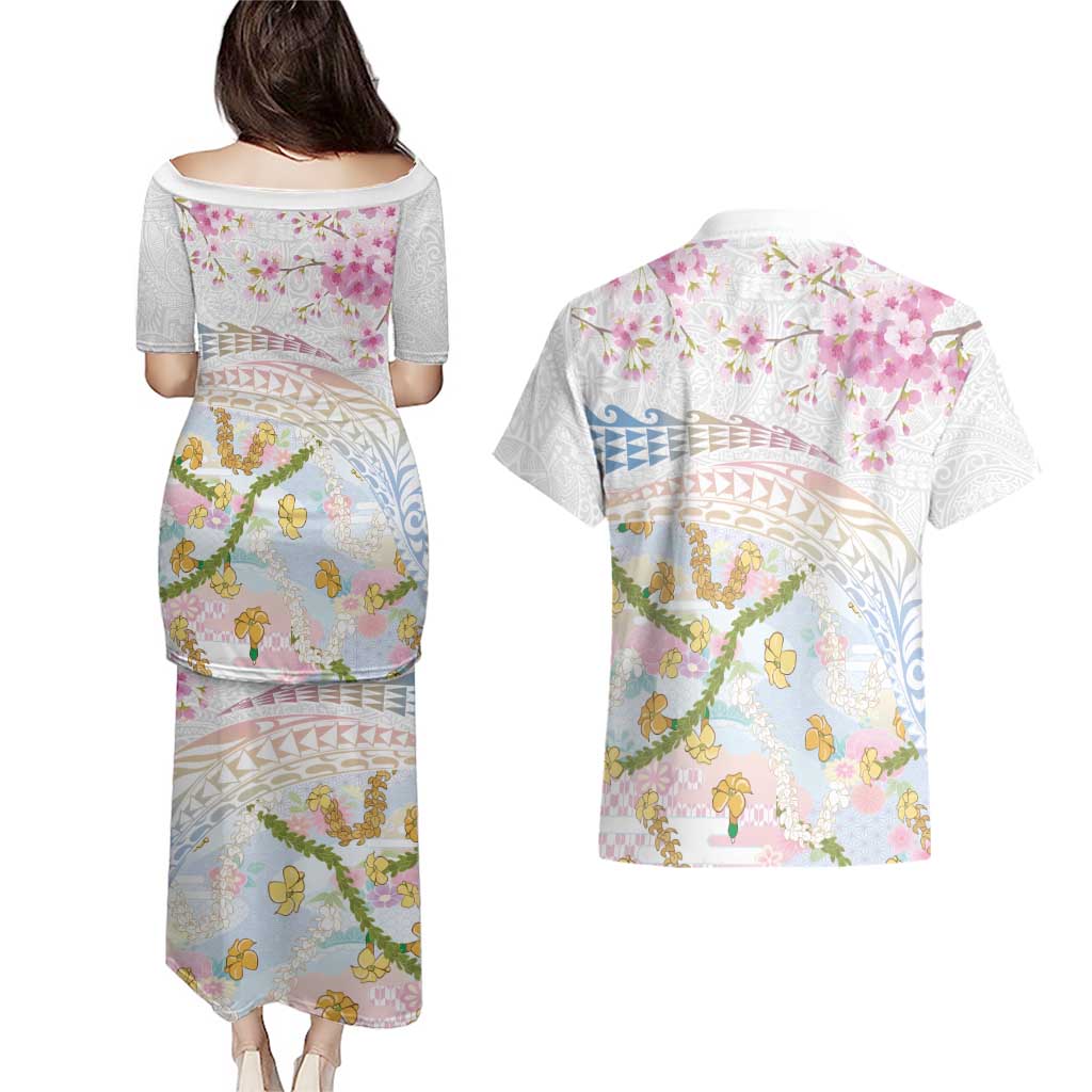 Hawaiian and Japanese Culture Together Couples Matching Puletasi and Hawaiian Shirt Tribal Motifs with Lei and Japanese Sakura Pattern LT03 - Polynesian Pride