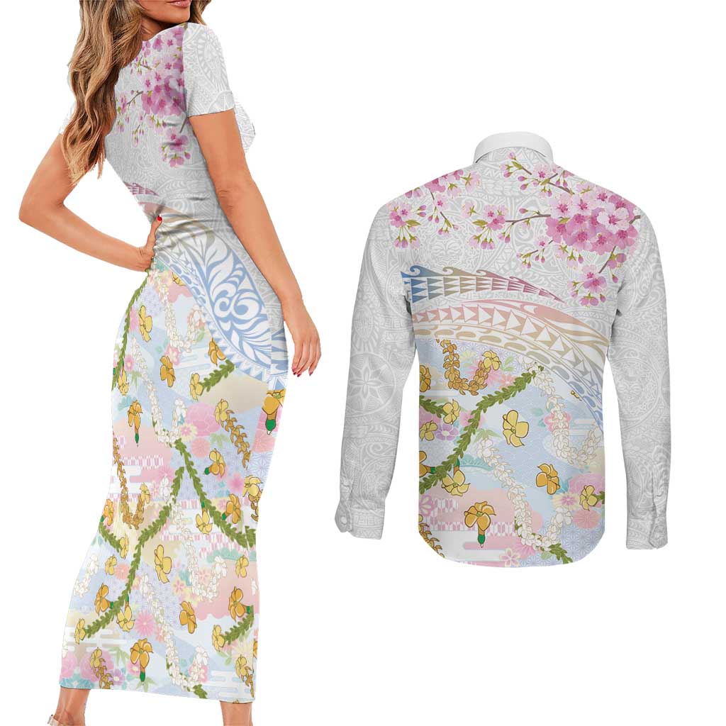 Hawaiian and Japanese Culture Together Couples Matching Short Sleeve Bodycon Dress and Long Sleeve Button Shirt Tribal Motifs with Lei and Japanese Sakura Pattern LT03 - Polynesian Pride