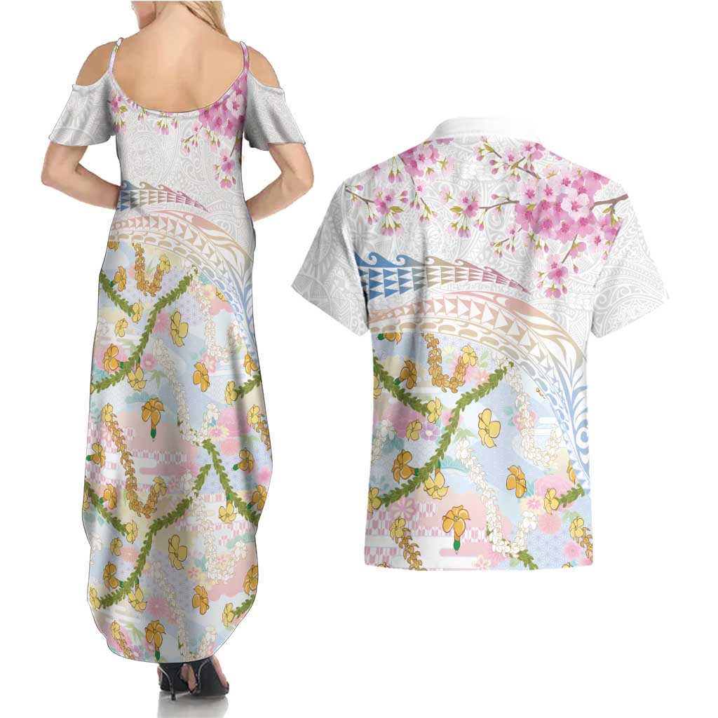 Hawaiian and Japanese Culture Together Couples Matching Summer Maxi Dress and Hawaiian Shirt Tribal Motifs with Lei and Japanese Sakura Pattern LT03 - Polynesian Pride