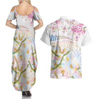 Hawaiian and Japanese Culture Together Couples Matching Summer Maxi Dress and Hawaiian Shirt Tribal Motifs with Lei and Japanese Sakura Pattern LT03 - Polynesian Pride