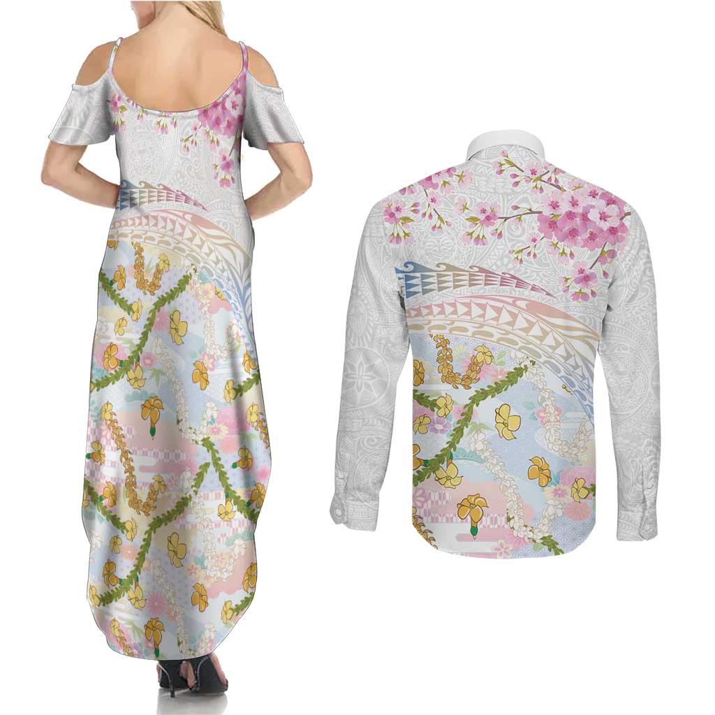 Hawaiian and Japanese Culture Together Couples Matching Summer Maxi Dress and Long Sleeve Button Shirt Tribal Motifs with Lei and Japanese Sakura Pattern LT03 - Polynesian Pride