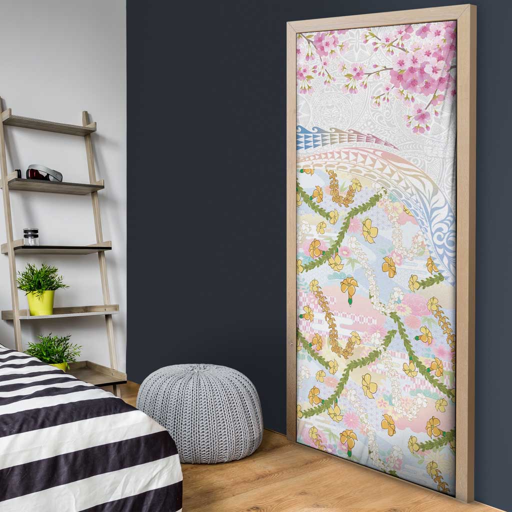 Hawaiian and Japanese Culture Together Door Cover Tribal Motifs with Lei and Japanese Sakura Pattern LT03 - Polynesian Pride