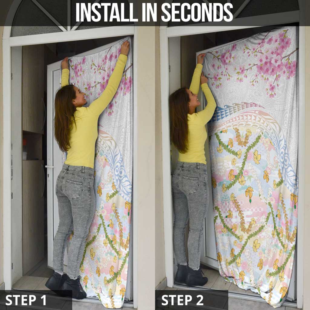 Hawaiian and Japanese Culture Together Door Cover Tribal Motifs with Lei and Japanese Sakura Pattern LT03 - Polynesian Pride