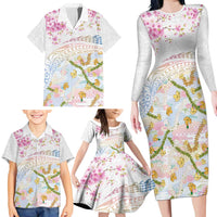 Hawaiian and Japanese Culture Together Family Matching Long Sleeve Bodycon Dress and Hawaiian Shirt Tribal Motifs with Lei and Japanese Sakura Pattern LT03 - Polynesian Pride