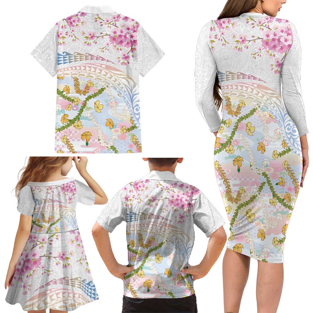 Hawaiian and Japanese Culture Together Family Matching Long Sleeve Bodycon Dress and Hawaiian Shirt Tribal Motifs with Lei and Japanese Sakura Pattern LT03 - Polynesian Pride