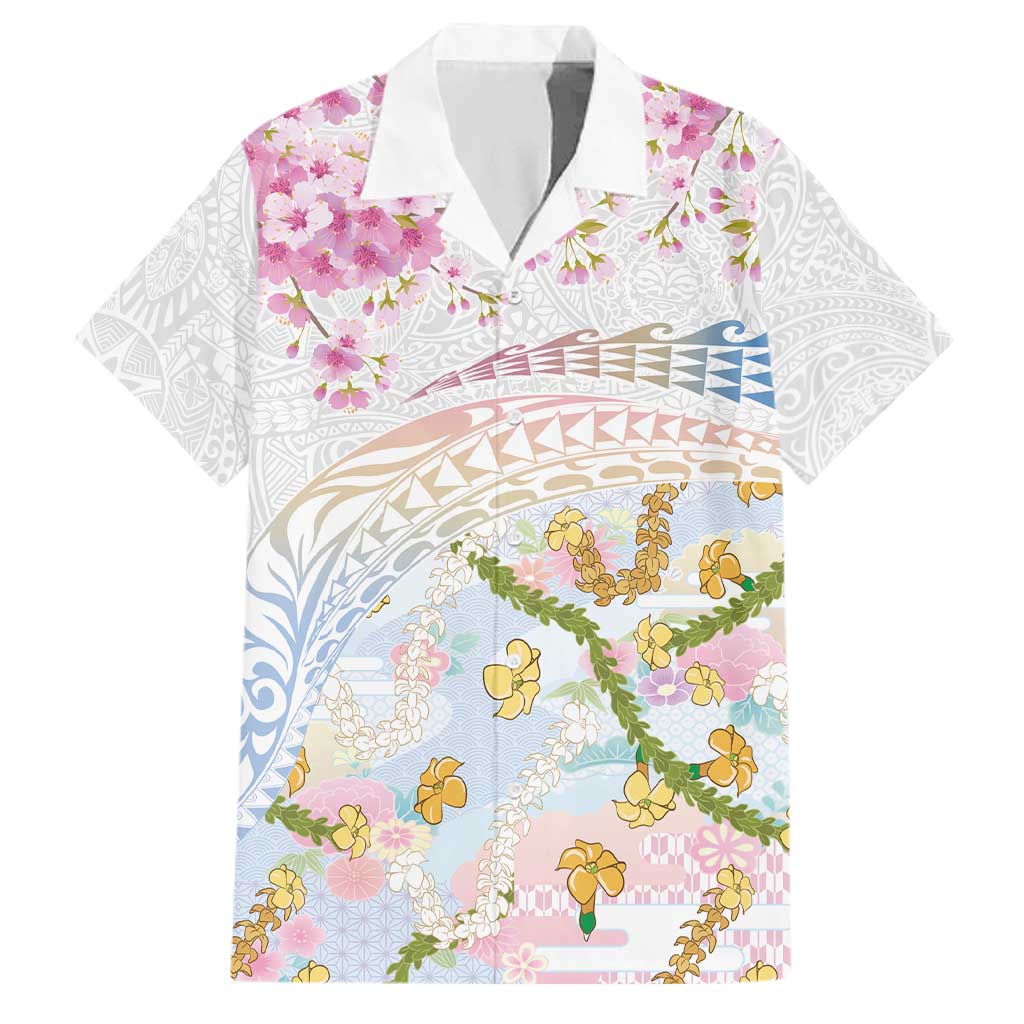 Hawaiian and Japanese Culture Together Family Matching Mermaid Dress and Hawaiian Shirt Tribal Motifs with Lei and Japanese Sakura Pattern LT03 Dad's Shirt - Short Sleeve White - Polynesian Pride