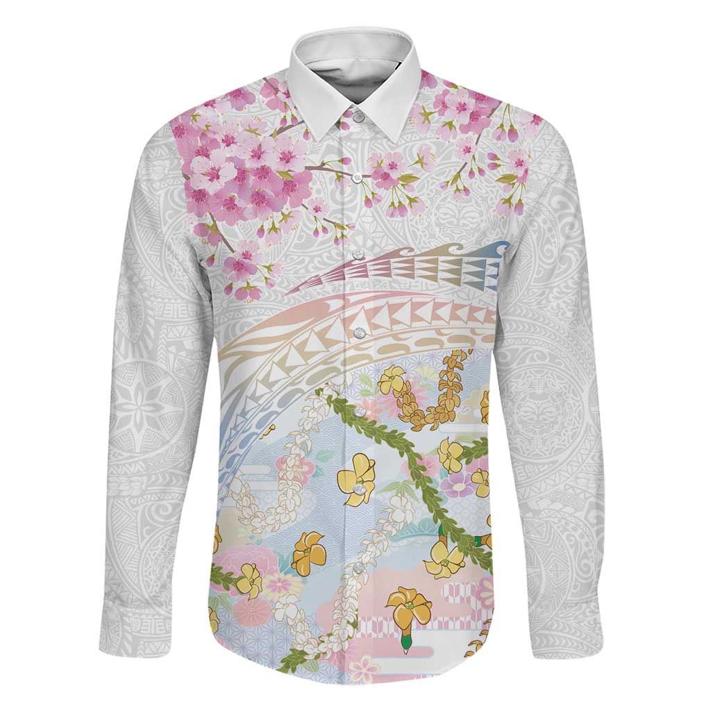 Hawaiian and Japanese Culture Together Family Matching Mermaid Dress and Hawaiian Shirt Tribal Motifs with Lei and Japanese Sakura Pattern LT03 Dad's Shirt - Long Sleeve White - Polynesian Pride