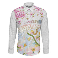 Hawaiian and Japanese Culture Together Family Matching Mermaid Dress and Hawaiian Shirt Tribal Motifs with Lei and Japanese Sakura Pattern LT03 Dad's Shirt - Long Sleeve White - Polynesian Pride