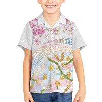 Hawaiian and Japanese Culture Together Family Matching Mermaid Dress and Hawaiian Shirt Tribal Motifs with Lei and Japanese Sakura Pattern LT03 Son's Shirt White - Polynesian Pride
