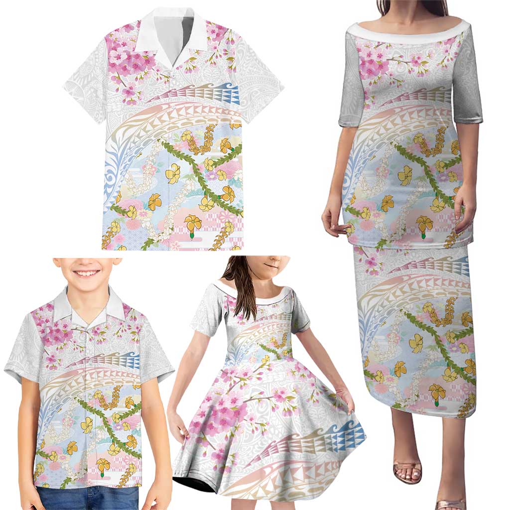 Hawaiian and Japanese Culture Together Family Matching Puletasi and Hawaiian Shirt Tribal Motifs with Lei and Japanese Sakura Pattern