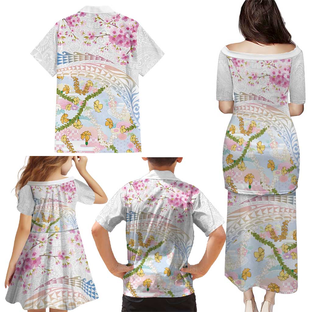 Hawaiian and Japanese Culture Together Family Matching Puletasi and Hawaiian Shirt Tribal Motifs with Lei and Japanese Sakura Pattern LT03 - Polynesian Pride