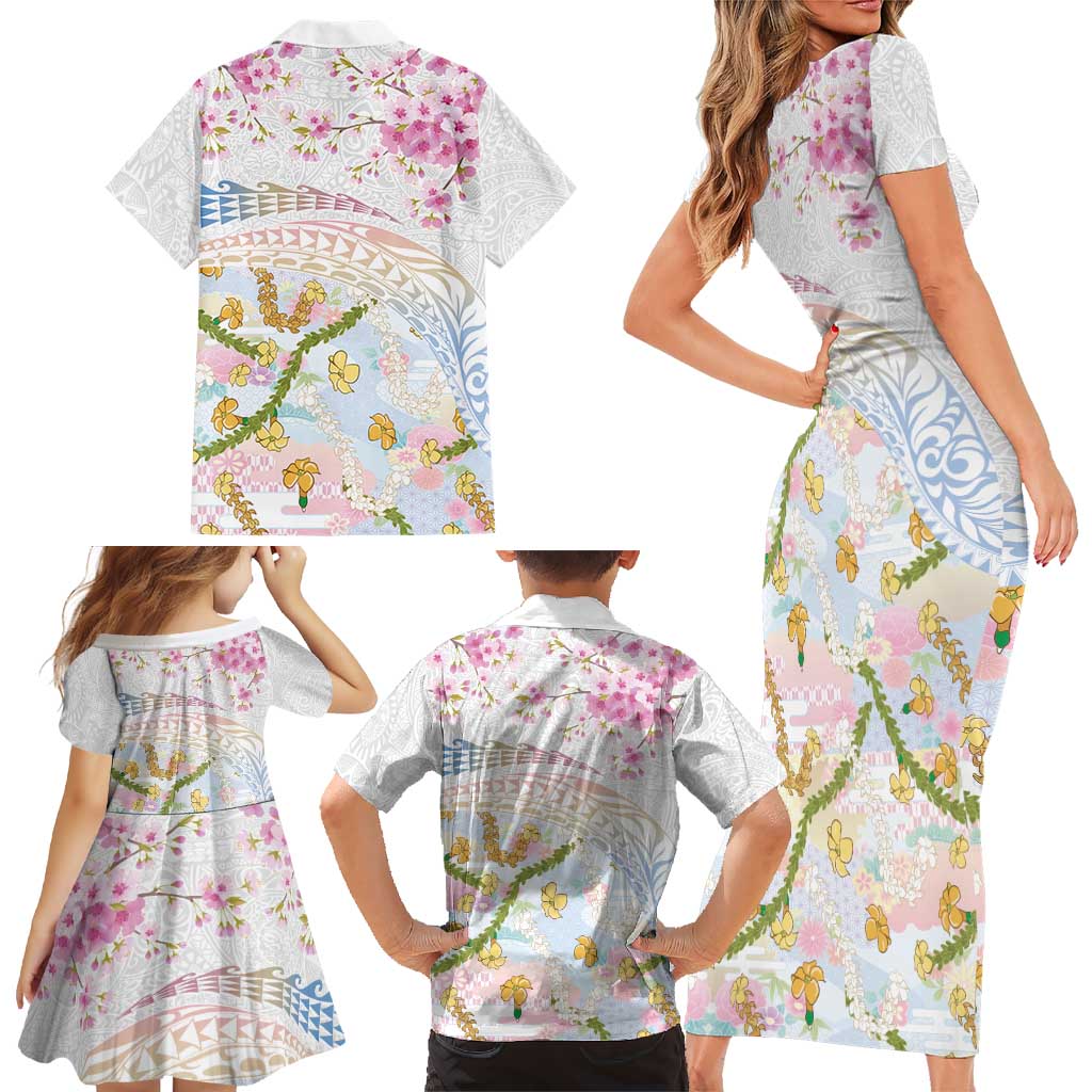 Hawaiian and Japanese Culture Together Family Matching Short Sleeve Bodycon Dress and Hawaiian Shirt Tribal Motifs with Lei and Japanese Sakura Pattern LT03 - Polynesian Pride