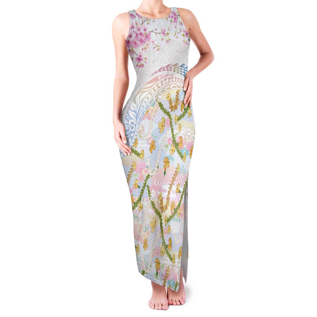Hawaiian and Japanese Culture Together Family Matching Tank Maxi Dress and Hawaiian Shirt Tribal Motifs with Lei and Japanese Sakura Pattern LT03 Mom's Dress White - Polynesian Pride