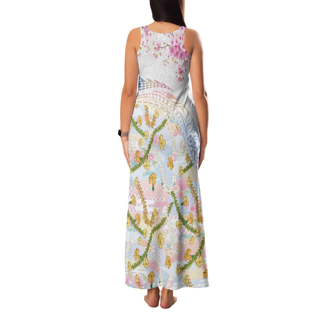 Hawaiian and Japanese Culture Together Family Matching Tank Maxi Dress and Hawaiian Shirt Tribal Motifs with Lei and Japanese Sakura Pattern LT03 - Polynesian Pride