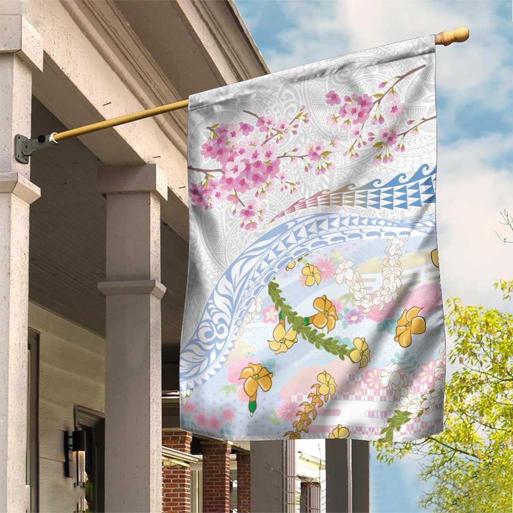 Hawaiian and Japanese Culture Together Garden Flag Tribal Motifs with Lei and Japanese Sakura Pattern LT03 House Flag White - Polynesian Pride