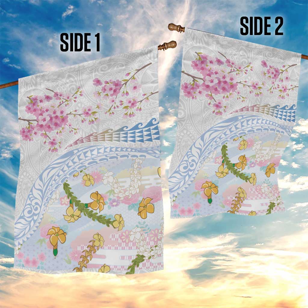 Hawaiian and Japanese Culture Together Garden Flag Tribal Motifs with Lei and Japanese Sakura Pattern LT03 - Polynesian Pride