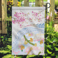 Hawaiian and Japanese Culture Together Garden Flag Tribal Motifs with Lei and Japanese Sakura Pattern LT03 Garden Flag White - Polynesian Pride