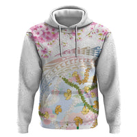 Hawaiian and Japanese Culture Together Hoodie Tribal Motifs with Lei and Japanese Sakura Pattern LT03 Pullover Hoodie White - Polynesian Pride