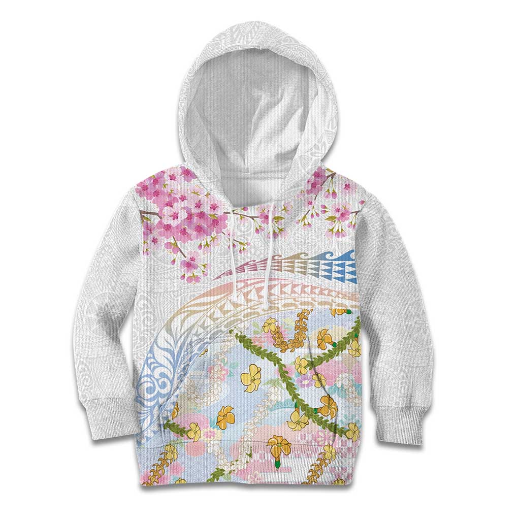 Hawaiian and Japanese Culture Together Kid Hoodie Tribal Motifs with Lei and Japanese Sakura Pattern