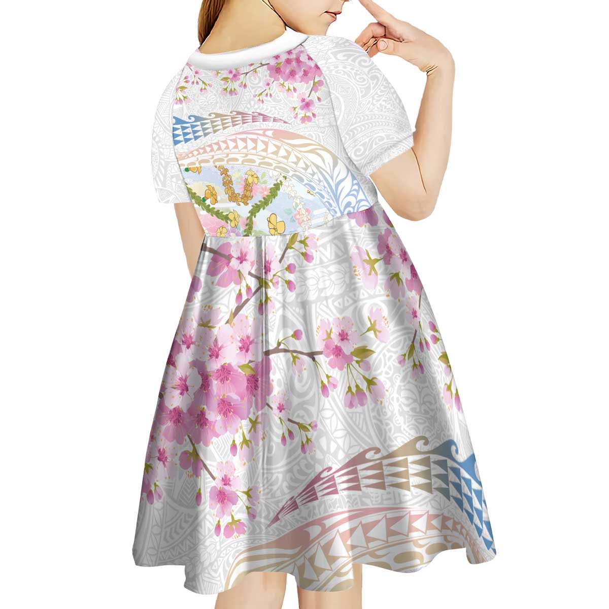 Hawaiian and Japanese Culture Together Kid Short Sleeve Dress Tribal Motifs with Lei and Japanese Sakura Pattern LT03 - Polynesian Pride