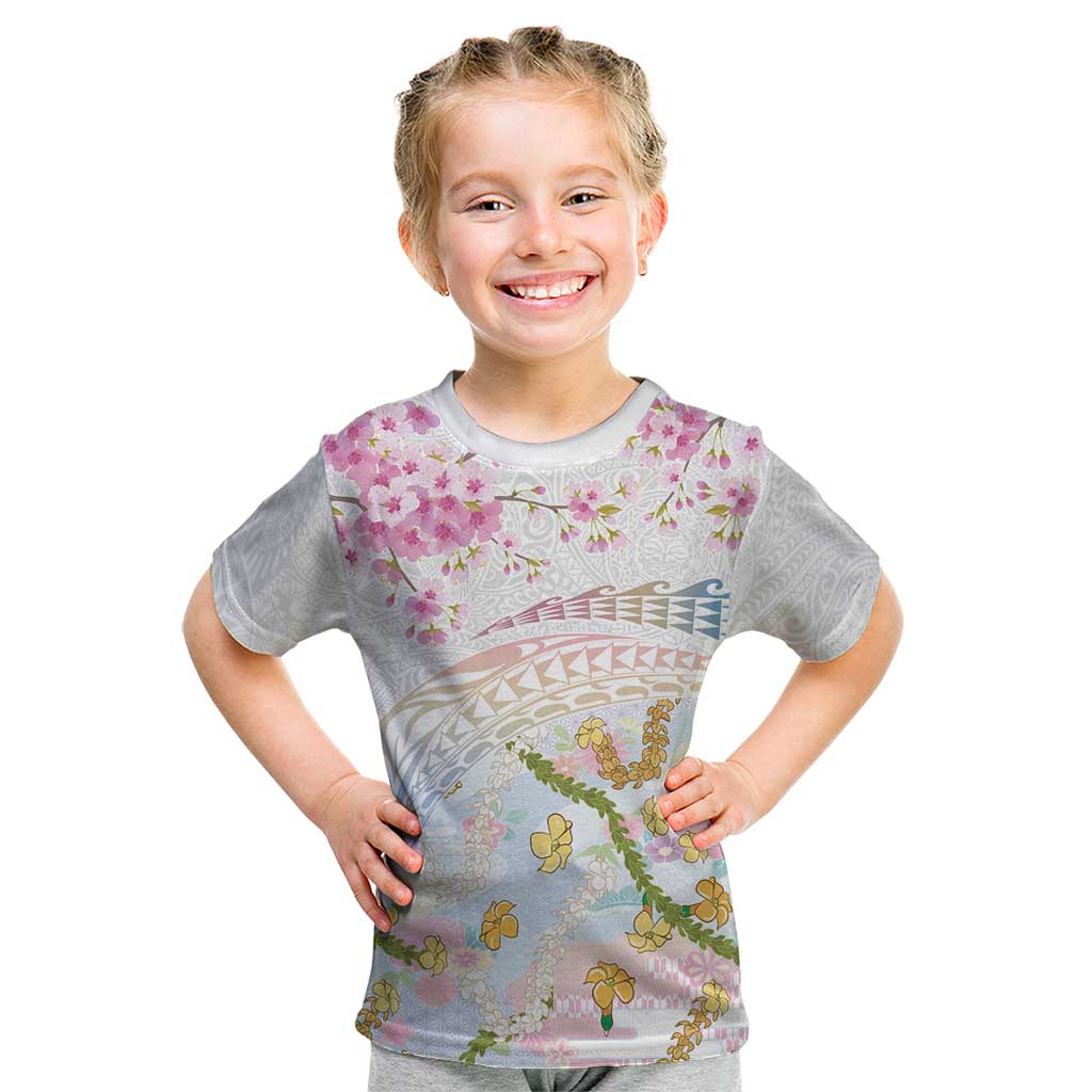 Hawaiian and Japanese Culture Together Kid T Shirt Tribal Motifs with Lei and Japanese Sakura Pattern LT03 White - Polynesian Pride