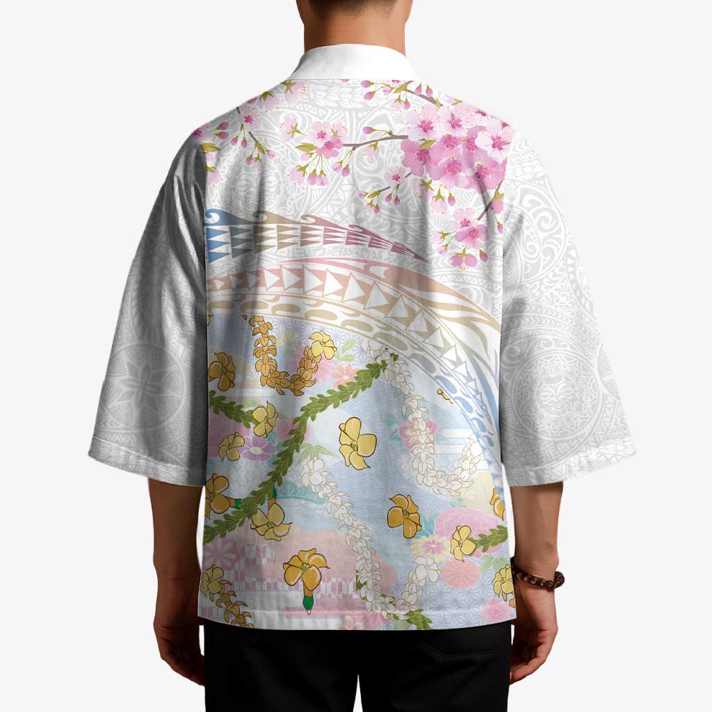 Hawaiian and Japanese Culture Together Kimono Tribal Motifs with Lei and Japanese Sakura Pattern