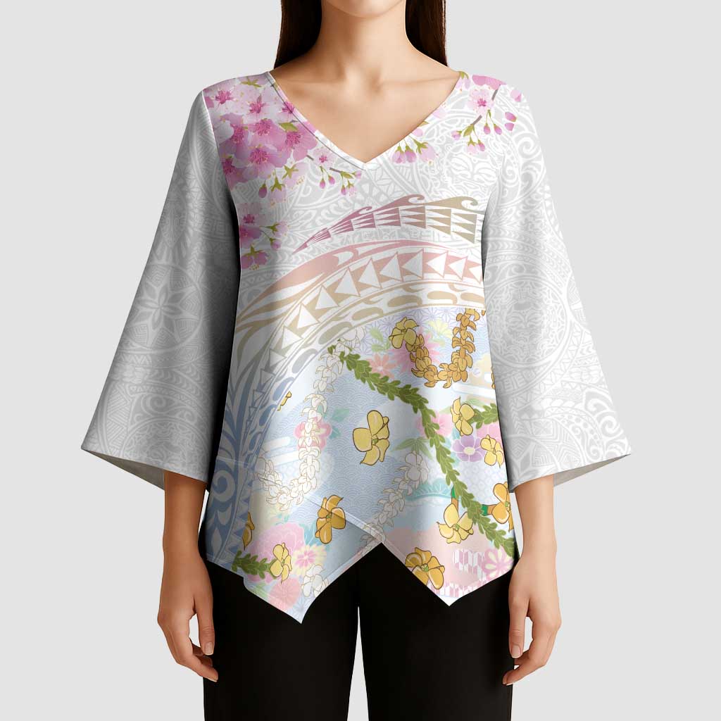 Hawaiian and Japanese Culture Together Kimono Sleeve Blouse Tribal Motifs with Lei and Japanese Sakura Pattern LT03 - Polynesian Pride