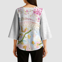 Hawaiian and Japanese Culture Together Kimono Sleeve Blouse Tribal Motifs with Lei and Japanese Sakura Pattern LT03 - Polynesian Pride