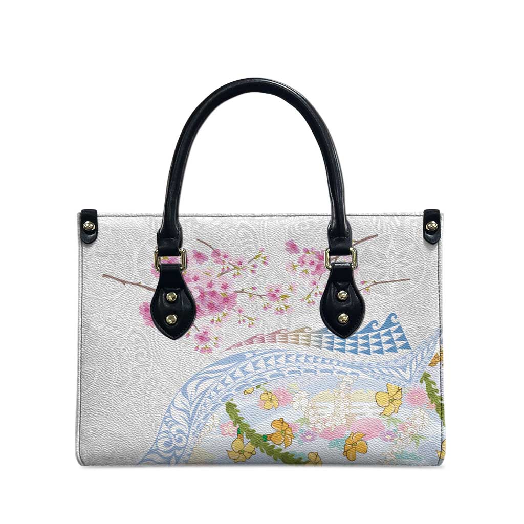 Hawaiian and Japanese Culture Together Leather Bag Tribal Motifs with Lei and Japanese Sakura Pattern