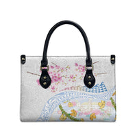 Hawaiian and Japanese Culture Together Leather Bag Tribal Motifs with Lei and Japanese Sakura Pattern
