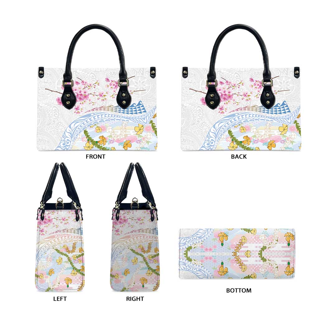 Hawaiian and Japanese Culture Together Leather Bag Tribal Motifs with Lei and Japanese Sakura Pattern