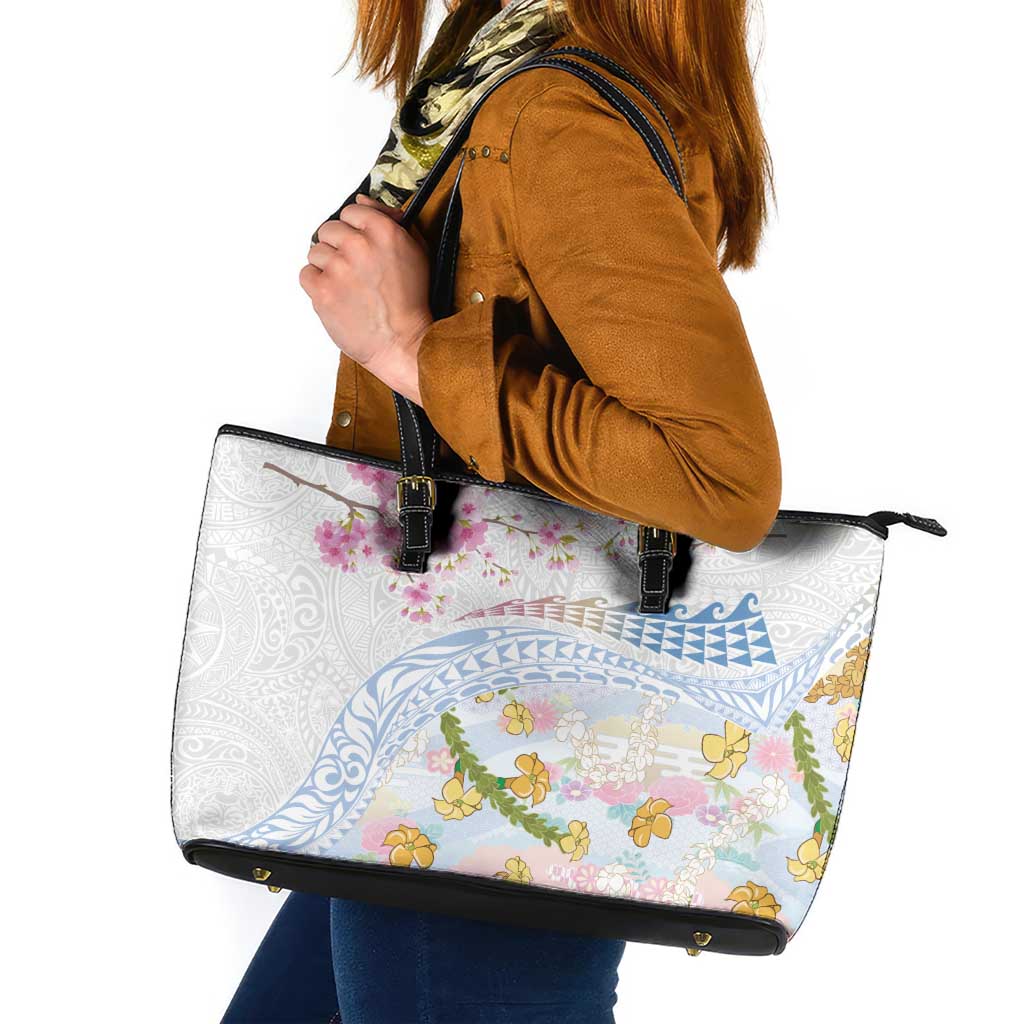 Hawaiian and Japanese Culture Together Leather Tote Bag Tribal Motifs with Lei and Japanese Sakura Pattern LT03 White - Polynesian Pride