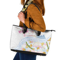 Hawaiian and Japanese Culture Together Leather Tote Bag Tribal Motifs with Lei and Japanese Sakura Pattern LT03 White - Polynesian Pride