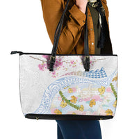 Hawaiian and Japanese Culture Together Leather Tote Bag Tribal Motifs with Lei and Japanese Sakura Pattern LT03 - Polynesian Pride