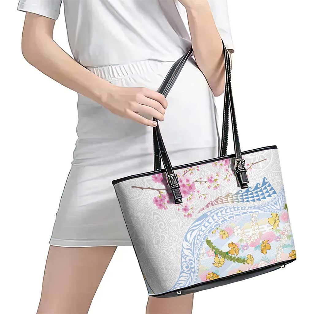 Hawaiian and Japanese Culture Together Leather Tote Bag Tribal Motifs with Lei and Japanese Sakura Pattern LT03 - Polynesian Pride