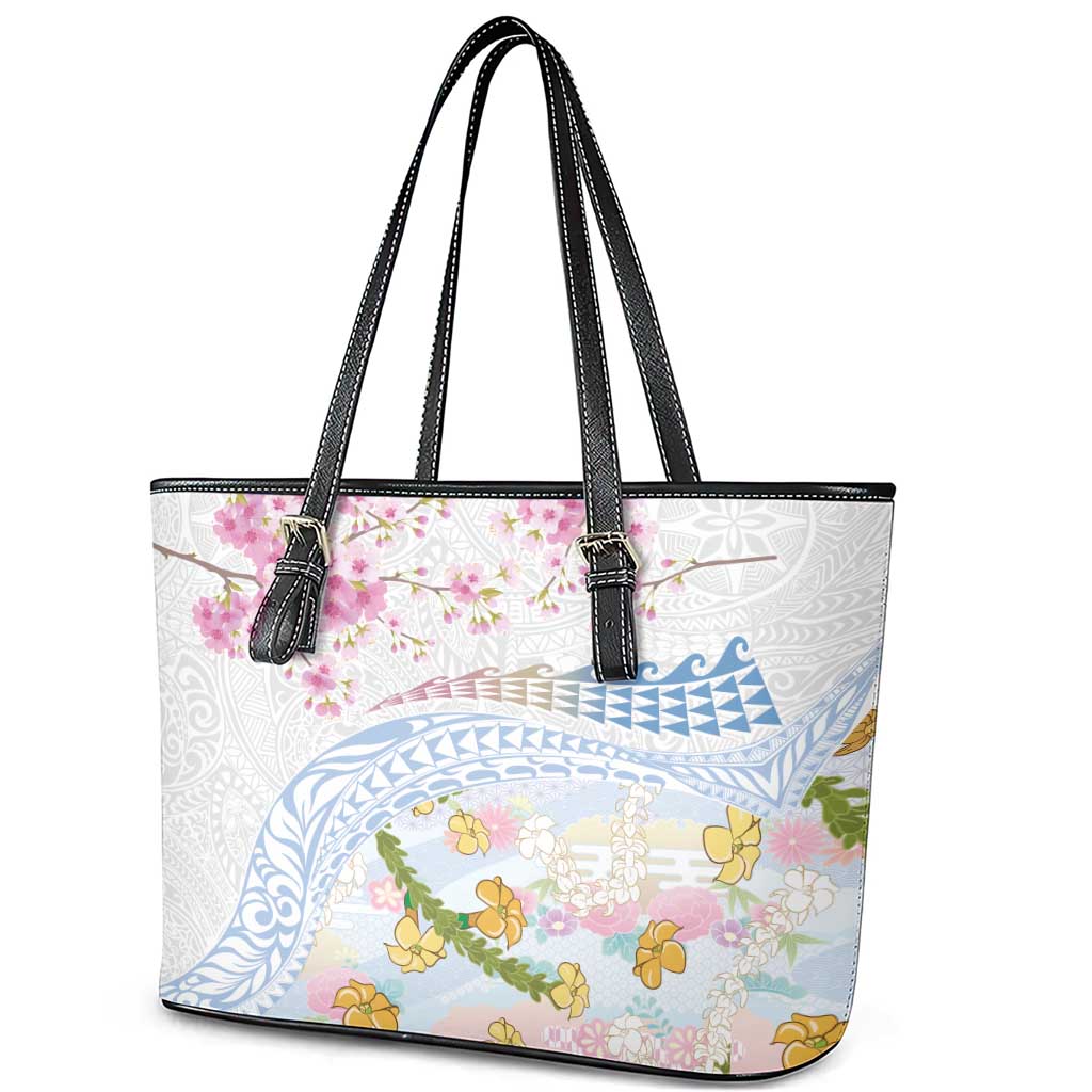 Hawaiian and Japanese Culture Together Leather Tote Bag Tribal Motifs with Lei and Japanese Sakura Pattern LT03 - Polynesian Pride