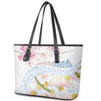 Hawaiian and Japanese Culture Together Leather Tote Bag Tribal Motifs with Lei and Japanese Sakura Pattern LT03 - Polynesian Pride