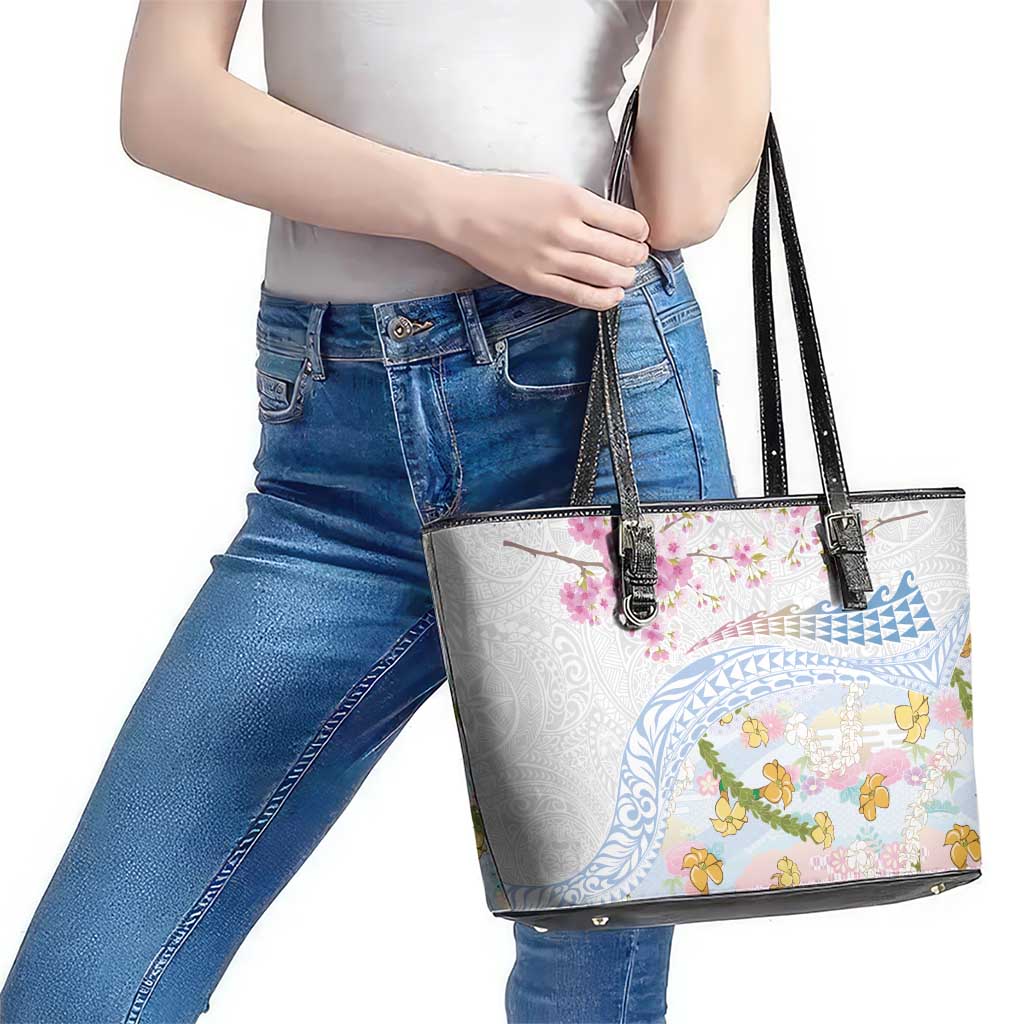Hawaiian and Japanese Culture Together Leather Tote Bag Tribal Motifs with Lei and Japanese Sakura Pattern LT03 - Polynesian Pride