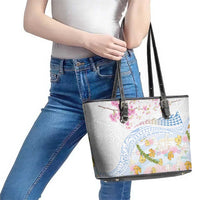 Hawaiian and Japanese Culture Together Leather Tote Bag Tribal Motifs with Lei and Japanese Sakura Pattern LT03 - Polynesian Pride