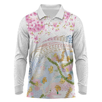 Hawaiian and Japanese Culture Together Long Sleeve Polo Shirt Tribal Motifs with Lei and Japanese Sakura Pattern LT03 White - Polynesian Pride
