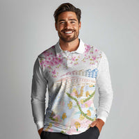 Hawaiian and Japanese Culture Together Long Sleeve Polo Shirt Tribal Motifs with Lei and Japanese Sakura Pattern LT03 - Polynesian Pride