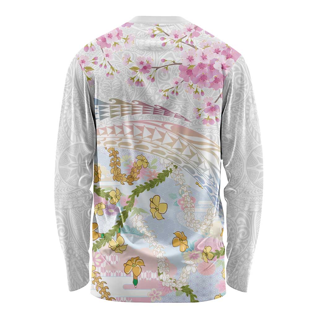 Hawaiian and Japanese Culture Together Long Sleeve Shirt Tribal Motifs with Lei and Japanese Sakura Pattern LT03 - Polynesian Pride
