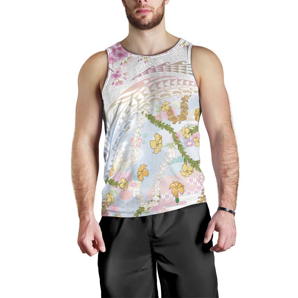 Hawaiian and Japanese Culture Together Men Tank Top Tribal Motifs with Lei and Japanese Sakura Pattern LT03 - Polynesian Pride