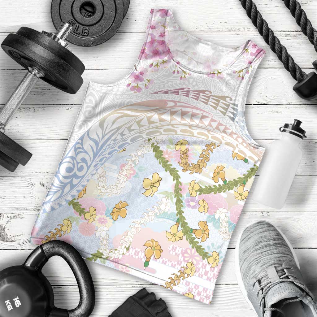 Hawaiian and Japanese Culture Together Men Tank Top Tribal Motifs with Lei and Japanese Sakura Pattern LT03 - Polynesian Pride