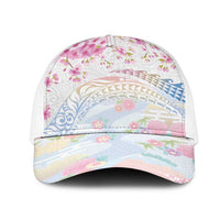 Hawaiian and Japanese Culture Together Mesh Trucker Cap Tribal Motifs with Lei and Japanese Sakura Pattern