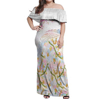 Hawaiian and Japanese Culture Together Off Shoulder Maxi Dress Tribal Motifs with Lei and Japanese Sakura Pattern LT03 Women White - Polynesian Pride